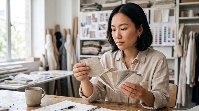 Asian female fashion designer examining neutral fabric swatches at table in modern creative studio workshop