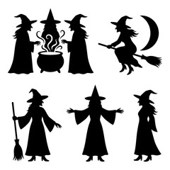 Fototapeta premium Set of black witch silhouettes including potions and broomsticks isolated on transparent background