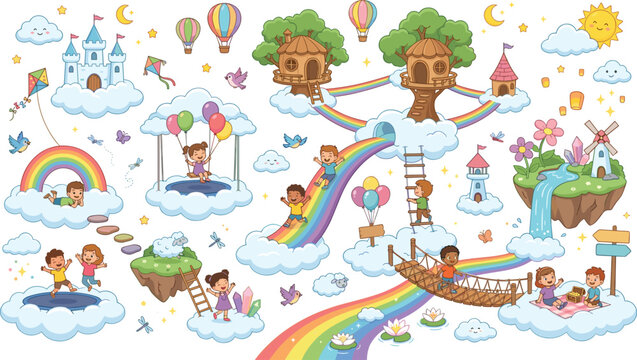 Cute cartoon fantasy dream world vector illustration with happy kids playing on rainbows and floating cloud islands map