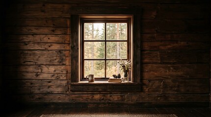 Obraz premium A rustic wooden cabin interior with a window looking out at a forest, featuring a small mug and a vase of dried flowers on the window sill