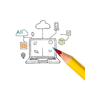 Technology icon set, AI, cloud computing, cybersecurity, blockchain, smartphone, laptop, flat vector icons, consistent line weight, editable SVG, modern minimal style, colorful, isolated on white back