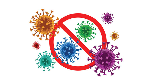 Medical concept showing stop virus sign with colorful bacteria particles under a red prohibited symbol for health safety.
