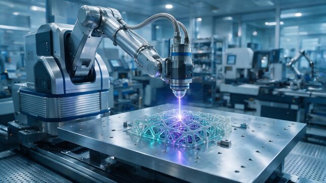 Glowing blue optics focusing ultraviolet light to cure liquid resin into a porous organic structure. Highlighting precision SLA 3D printing in a digital factory.
