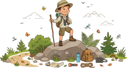 Cute cartoon boy scout traveler standing on rock with walking stick map backpack and camping gear vector for outdoor adventure design