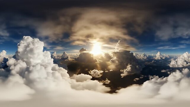 Panoramic view of sunbeams piercing through dramatic clouds above a mountainous landscape.