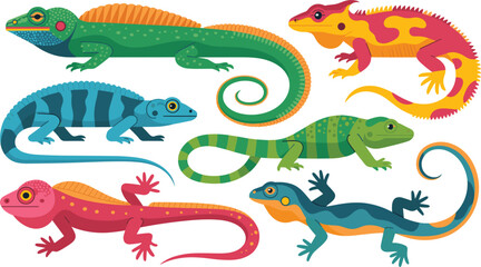 Colorful Lizard and Reptile Vector Icon Set Featuring Chameleon Iguana Gecko and Various Exotic Tropical Amphibian Wild Animal Illustrations for Exotic Wildlife Designs