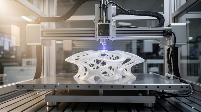 Massive industrial robotic system integrating bionic geometries in a warm-lit factory. The scale of the equipment shows the potential of large-scale automated 3D printing.