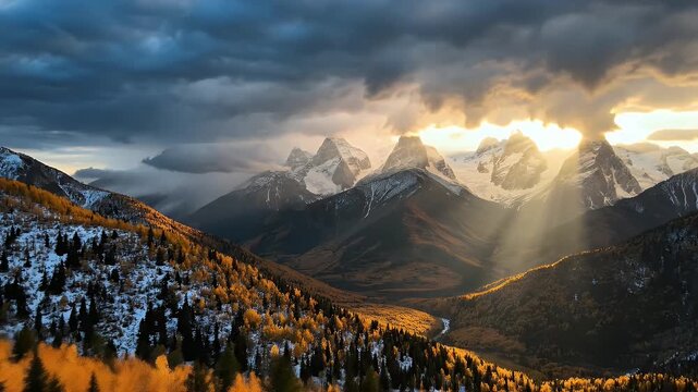 Dramatic sunbeams pierce through stormy clouds illuminating majestic snow-capped mountains above a vibrant autumn forest.