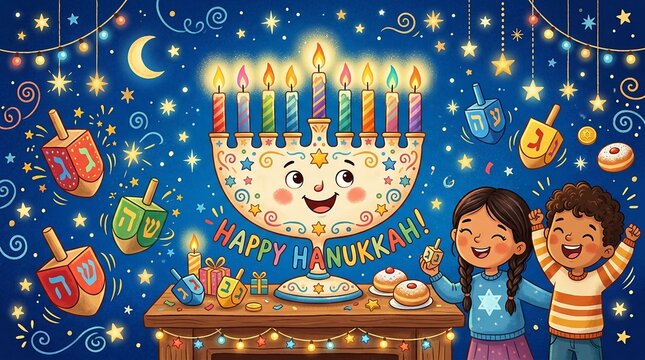 Cute Hanukkah illustration with children celebrating. Festive Jewish holiday scene with menorah and dreidels, joyful kids enjoying Hanukkah traditi...