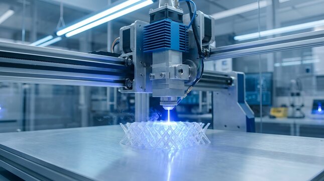 High contrast dark environment illuminated by bright neon blue lasers shaping a porous dome. The cybernetic system demonstrates extreme precision in sustainable 3D printing.