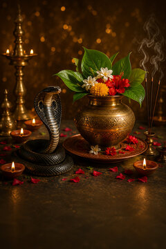 Traditional Nag Panchami Worship Arrangement with Black Cobra, Ornate Brass Kalash, Fresh Flowers, Sacred Leaves, Incense, and Glowing Oil Lamps in Warm Light Temple Setting