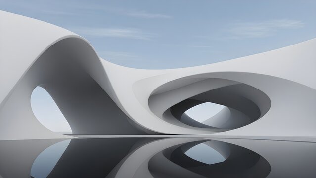 White abstract architectural structure with circular voids and dark reflective ground plane
