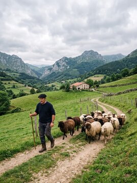 Shepherd leading sheep in a mountain pasture