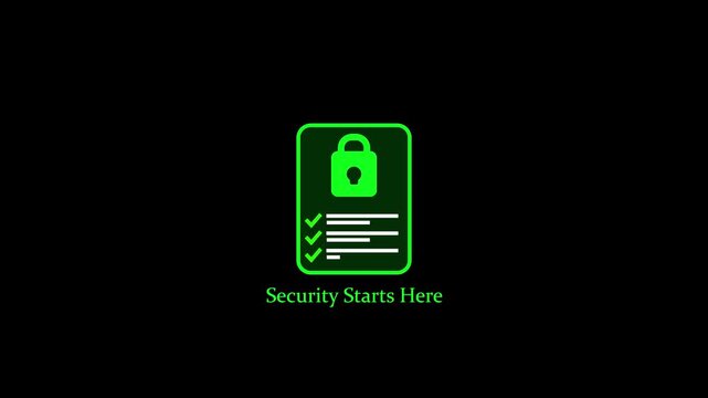 Cyber security concept animation: digital padlock with checklist and "security starts here" text data protection Black background   4k stock  video. 