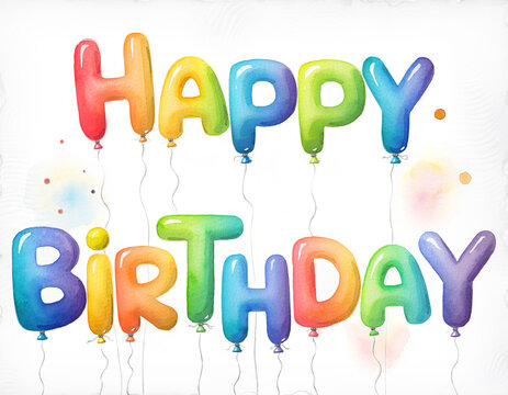 "Happy Birthday" in colorful watercolor balloons on a white background