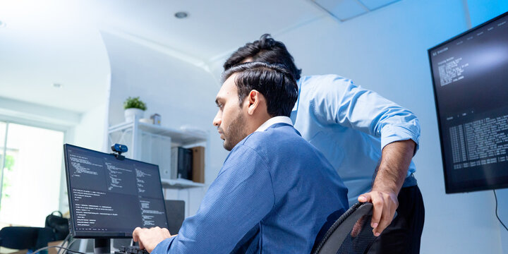 Software engineering use computer working development office are assisting algorithm systems or verifying code. Programmer teamwork using artificial intelligence on laptop analysis or writing coding 