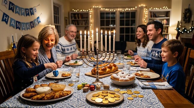 Family celebrating Hanukkah with menorah and traditional foods. Joyful holiday gathering with candles and festive decorations.