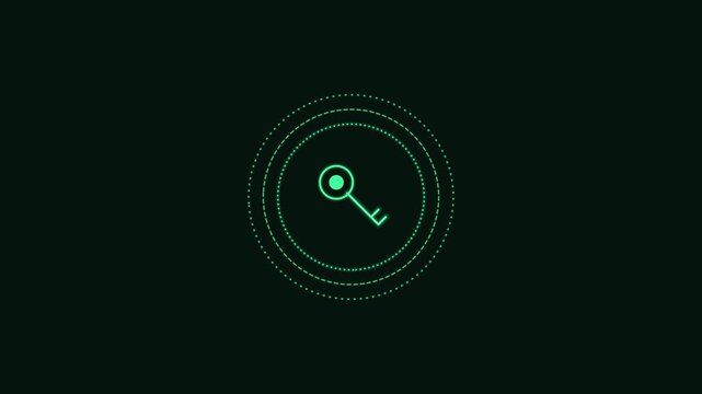 security key line icon with rotating rings, green neon style