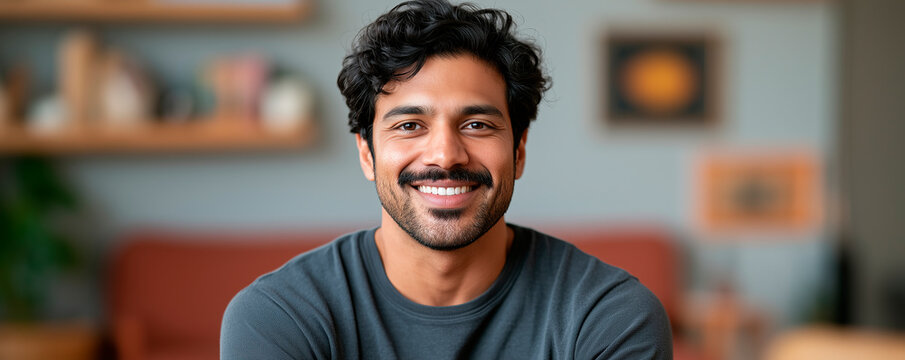 Portrait Of Handsome Cheerful Indian Man Posing At Home 