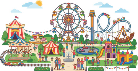 Flat cartoon amusement theme park landscape with ferris wheel roller coaster carousel and families vector illustration for commercial leisure design
