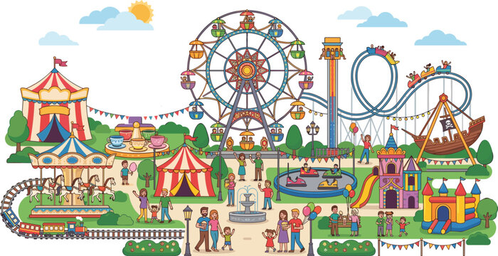 Flat cartoon amusement theme park landscape with ferris wheel roller coaster carousel and families vector illustration for commercial leisure design
