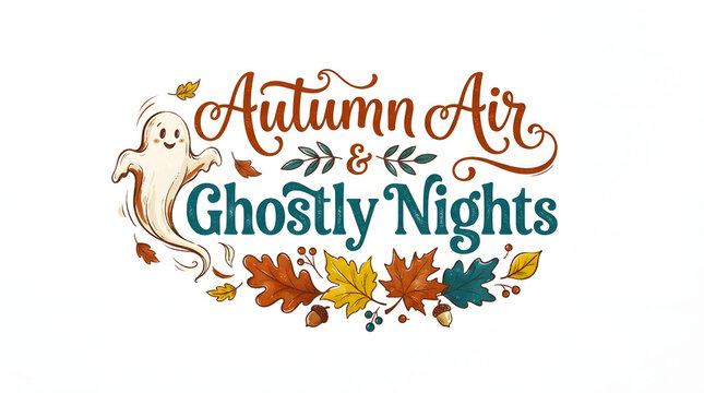 Cute cartoon ghost floating among colorful autumn leaves and acorns with text.