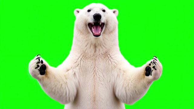 Realistic polar bear happy celebration dance, rhythmic joyful movement and victorious business success concept isolated on chroma key green screen background. 3D.