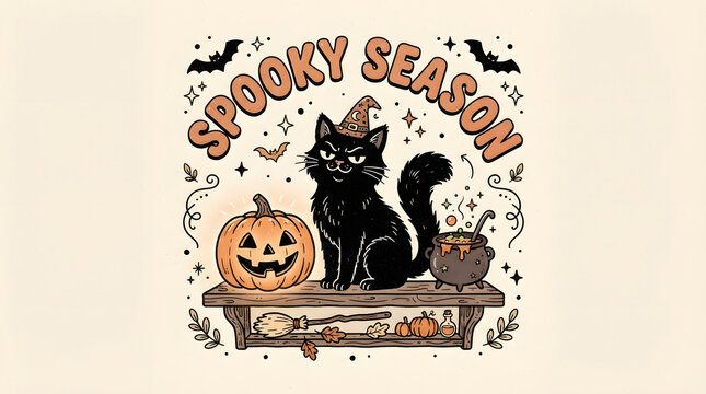 Spooky season black cat pumpkin cauldron and broom graphic for Halloween.