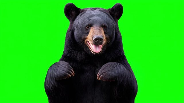 Realistic black bear happy celebration dance, rhythmic joyful movement and victorious business success concept isolated on chroma key green screen background. 3D.