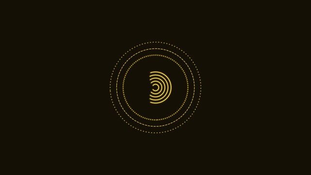 fingerprint scan line icon with rotating security rings, gold neon style