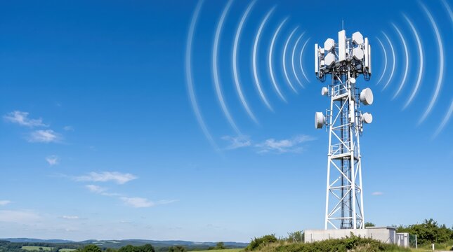 Modern telecommunication tower with wireless signal waves against blue sky, representing mobile network, internet connectivity, and digital communication technology infrastructure