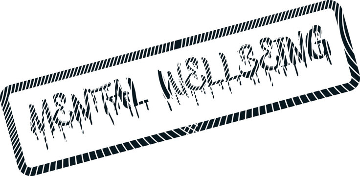 Black distressed rubber stamp impression featuring the crucial words Mental Wellbeing on a pristine white surface