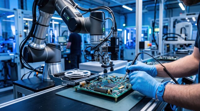 Robotic arm assisting worker in electronics assembly, circuit board manufacturing, industrial automation, high-tech factory production line, precision engineering, human machine
