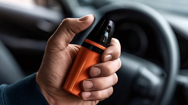 Hand holding an orange pepper spray device, ready for use as a self defense tool, offering personal protection and security inside a vehicle