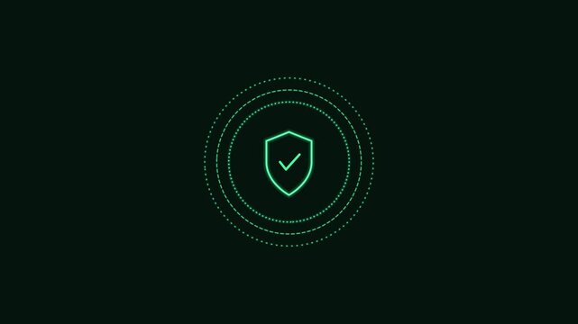 verified secure shield line icon with a check and rotating rings, green neon style