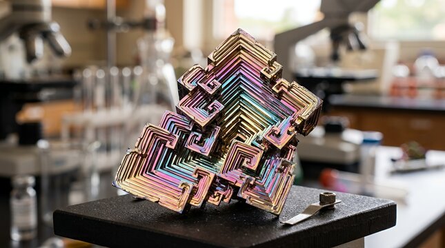 Iridescent bismuth crystal on laboratory workbench.