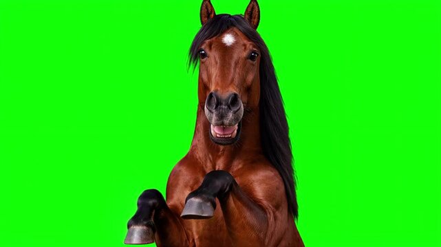 Realistic Horse happy celebration dance, rhythmic joyful movement and victorious business success concept isolated on chroma key green screen background. 3D.