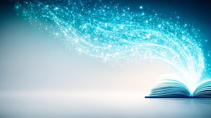 Magical open book with glowing particles emitting blue light rays creating fantasy background scene © nuanjan