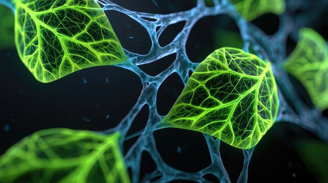 Bioluminescent organic network with glowing green leaf veins on dark background