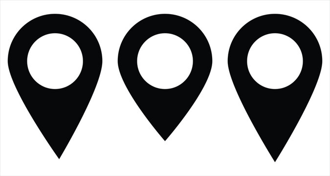 Location sing icon set on white background. Isolated flat pinpoint icon set on white page. Pinpoint global element set. Dark isolated vector map icon set on white page.  EPS 10.