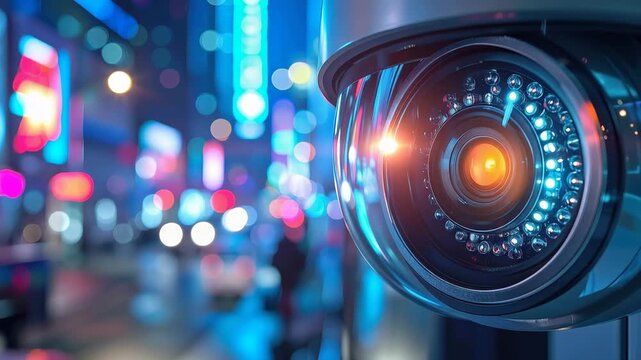Surveillance Camera in Neon City: A modern security camera with an illuminated lens watches over a bustling cityscape at night, its blue and pink neon lights reflecting on the metallic surface.