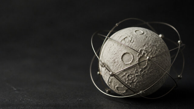 Close-up of a cratered moon model wrapped in metallic atomic orbital rings against a dark background with ample copy space.