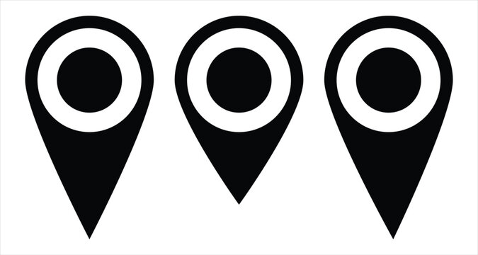 Location sing icon set on white background. Isolated flat pinpoint icon set on white page. Pinpoint global element set. Dark isolated vector map icon set on white page.  EPS 10. 
