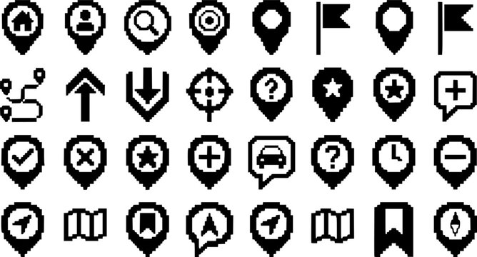 Solid pixel map marker icons set and destination flag symbols vector for game navigation and digital design.
