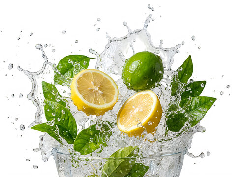 Fresh lemons and mint leaves splashing in clear water