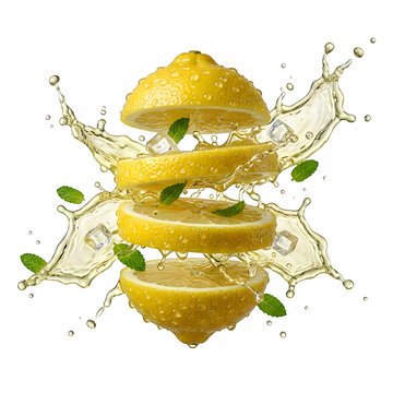 Fresh yellow lemon slices with splashing juice and mint leaves