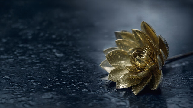 Golden lotus flower resting on a dark wet surface in the rain