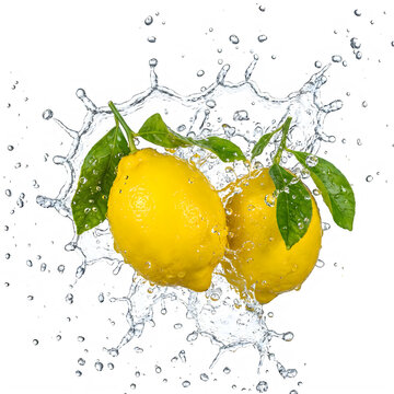 Two fresh yellow lemons with green leaves splashing in clear water