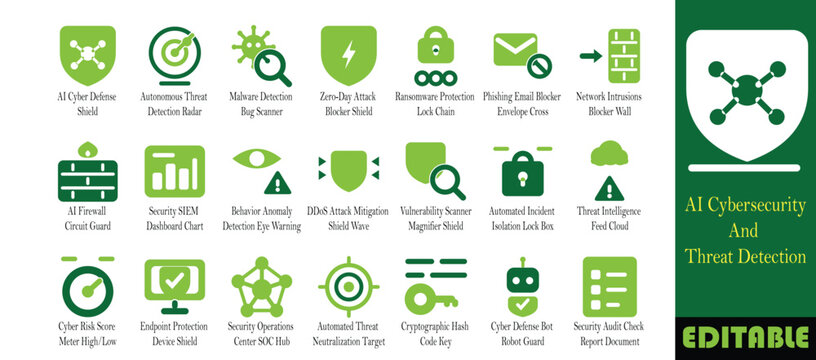 AI cybersecurity and threat detection icon set. Malware scanner, ransomware lock, phishing blocker and SOC hub solid glyph vector symbols
