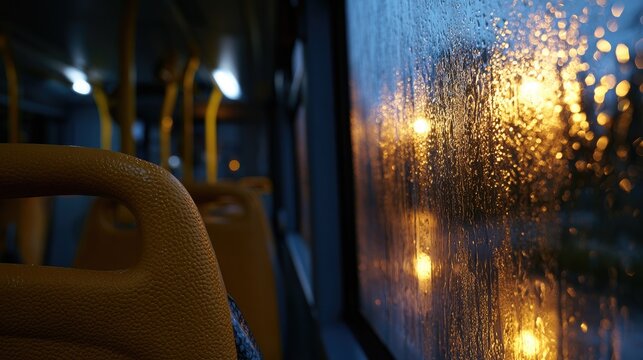 Wet window on public transport, blurred city lights reflected, interior detail